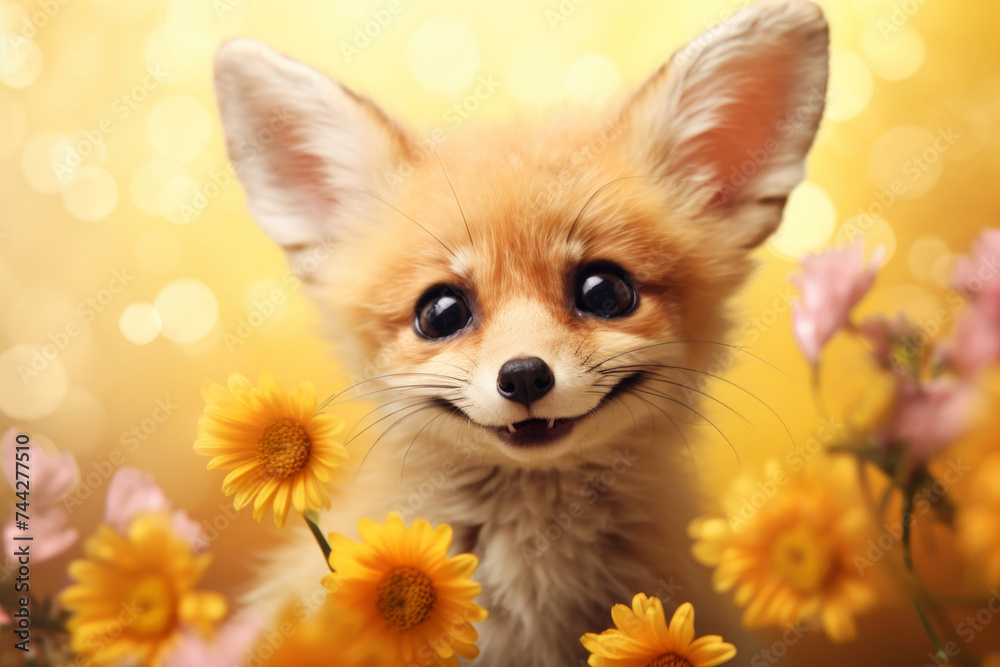 Obraz premium A smiling fennec fox surrounded by yellow flowers and pink blossoms under a warm, golden light.
