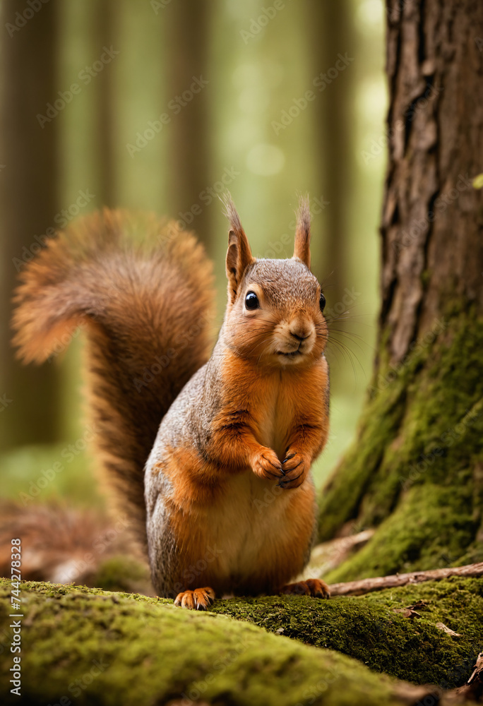 Fototapeta premium Happy red squirrel in the thicket of the forest looks with interest