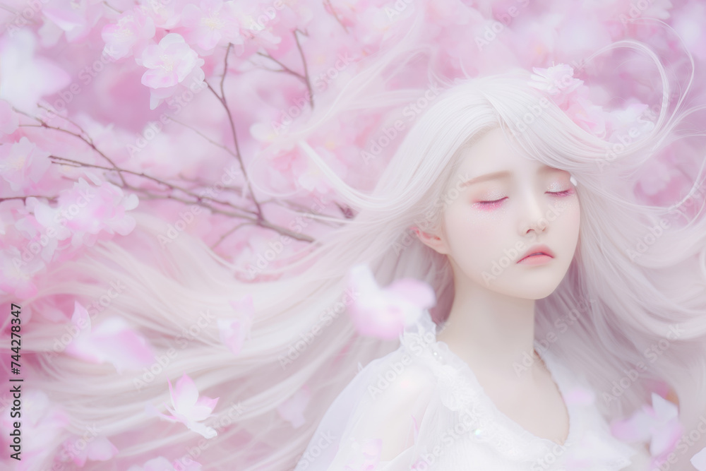 An ethereal portrait of a figure with long white hair and closed eyes, surrounded by soft pink cherry blossoms. An ethereal portrait of a figure with long white hair and closed eyes, surrounded by soft pink cherry blossoms.
