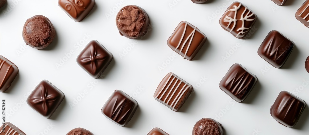 Assorted delicious chocolates with various flavors on a clean white surface for elegant dessert display Assorted delicious chocolates with various flavors on a clean white surface for elegant dessert display