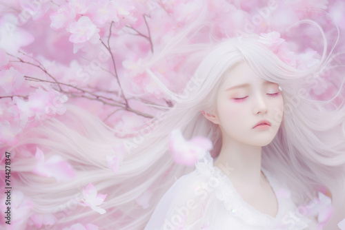An ethereal portrait of a figure with long white hair and closed eyes, surrounded by soft pink cherry blossoms.