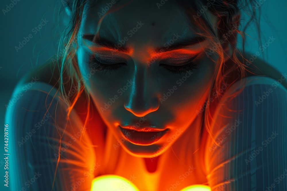 A captivating closeup of a woman surrounded by dazzling lights, illuminating her in the darkness with a sense of wonder and beauty A captivating closeup of a woman surrounded by dazzling lights, illuminating her in the darkness with a sense of wonder and beauty