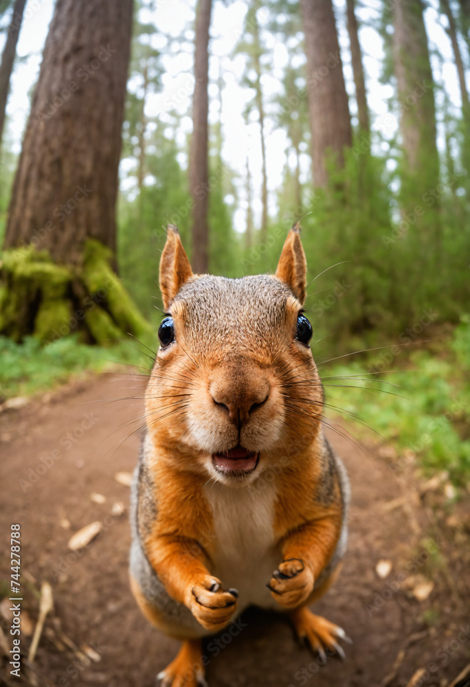 Obraz premium Happy red squirrel in the thicket of the forest looks with interest