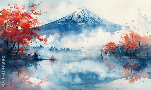 Mountain Fuji with morning fog and red leaves at lake Kawaguchiko in Watercolor Style
