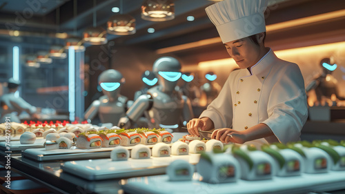 Automated Culinary Precision: An Asian Chef Oversees a Team of Robotic Sushi Chefs in a High-Tech Assembly Line, Combining Traditional Expertise with Cutting-Edge Automation for Flawless Sushi Product