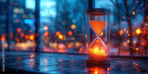 A mesmerizing outdoor scene of a sandglass, illuminated by vibrant orange lights in the stillness of the night