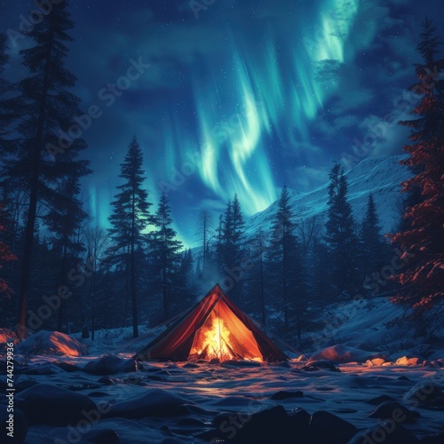 Campers set up tents and light a fire in the winter camp among the mountains and lush forests in an area complete with aurora skies dancing above the sky. Good for business, travel etc. Generative AI © callmeers