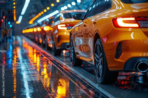 Vibrant lights dance off the sleek curves of luxury cars as they line up for a refreshing wash, bringing life to the quiet city streets at night