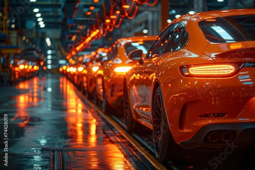 A dazzling display of high-end automotive design, a row of sleek orange sports cars parked on a dark city street under the glow of streetlights and their own vibrant headlights © Larisa AI