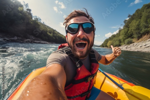 River rafting man closeup selfie. Sport boat fun summer nature. Generate Ai