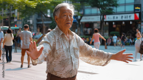 Tai Chi Flash Mob: A group of Asian seniors surprising bystanders with a spontaneous tai chi flash mob in a busy urban square, promoting health and harmony photo