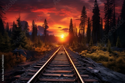 Railroad forest train sunlight. Industry travel. Generate Ai