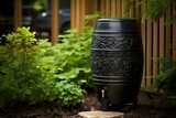Black rain barrel sitting outside. Rain water collection equipment for gardening. Generate ai