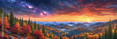 A stunning outdoor scene capturing the beauty of nature with mountains, clouds, trees, and a colorful sunset painting the sky in shades of orange and pink