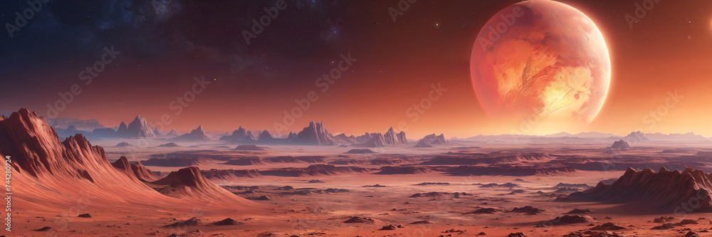 Awe-inspiring scenery of an alien planet with a giant moon in the sky and a starry night above