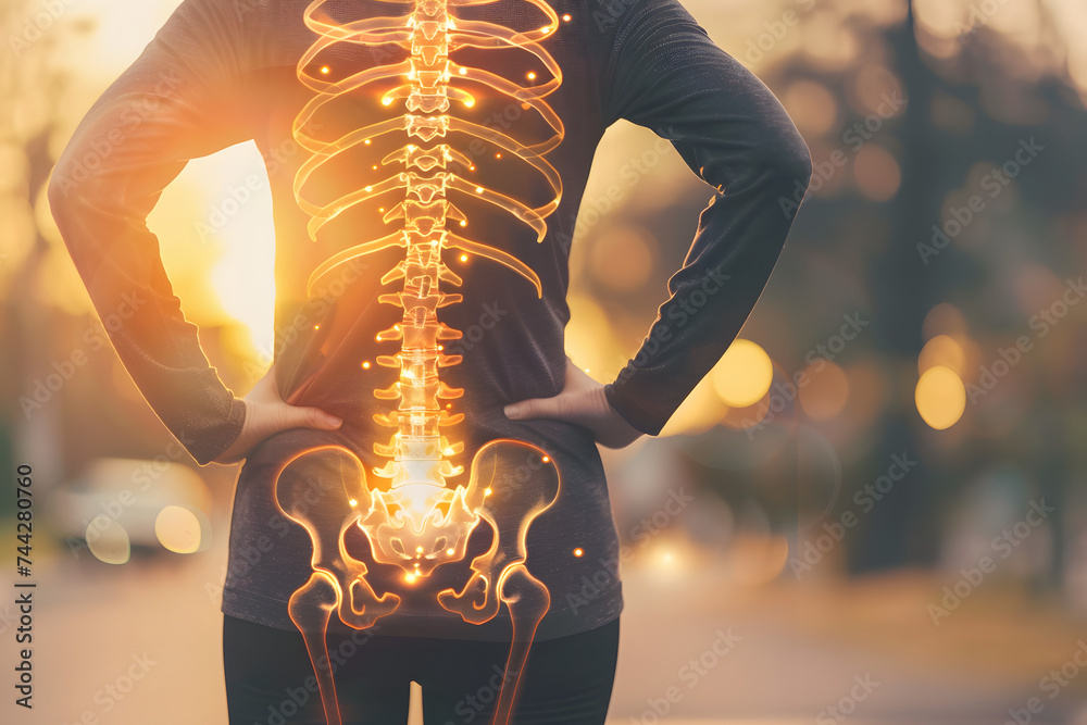 Fotografie person with superimposed skeletal structure graphics emphasizing the spine and p