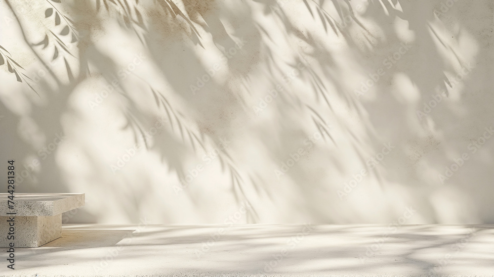 Minimal empty white wall in sunlight outdoor, leaf foliage shadow on beige terrazzo wall for luxury organic cosmetic, skincare, body care, beauty treatment product background Minimal empty white wall in sunlight outdoor, leaf foliage shadow on beige terrazzo wall for luxury organic cosmetic, skincare, body care, beauty treatment product background