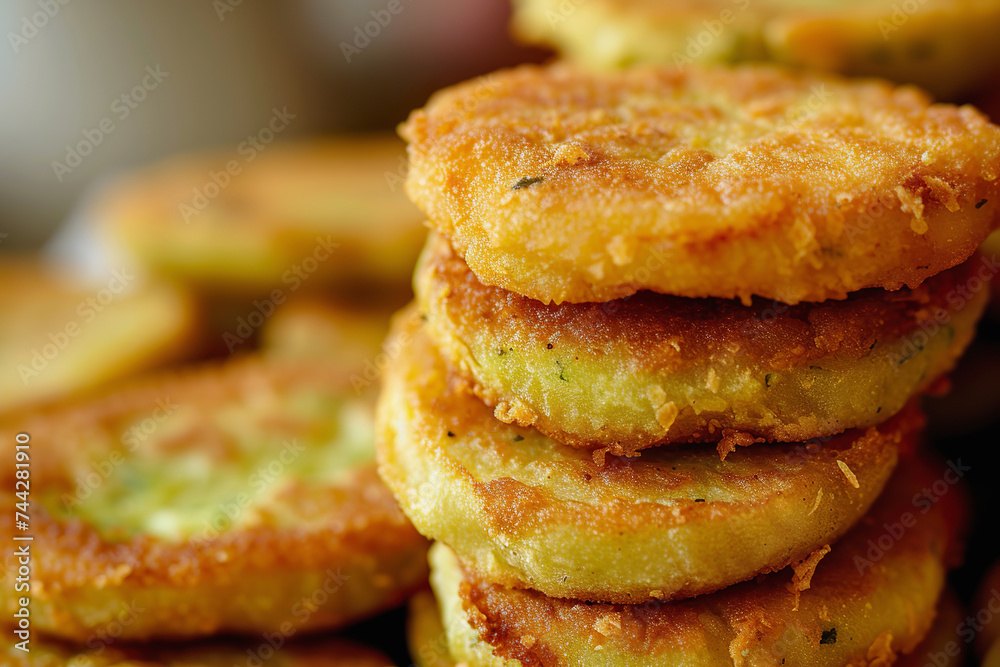 Crispy fried green tomatoes stacked on plate