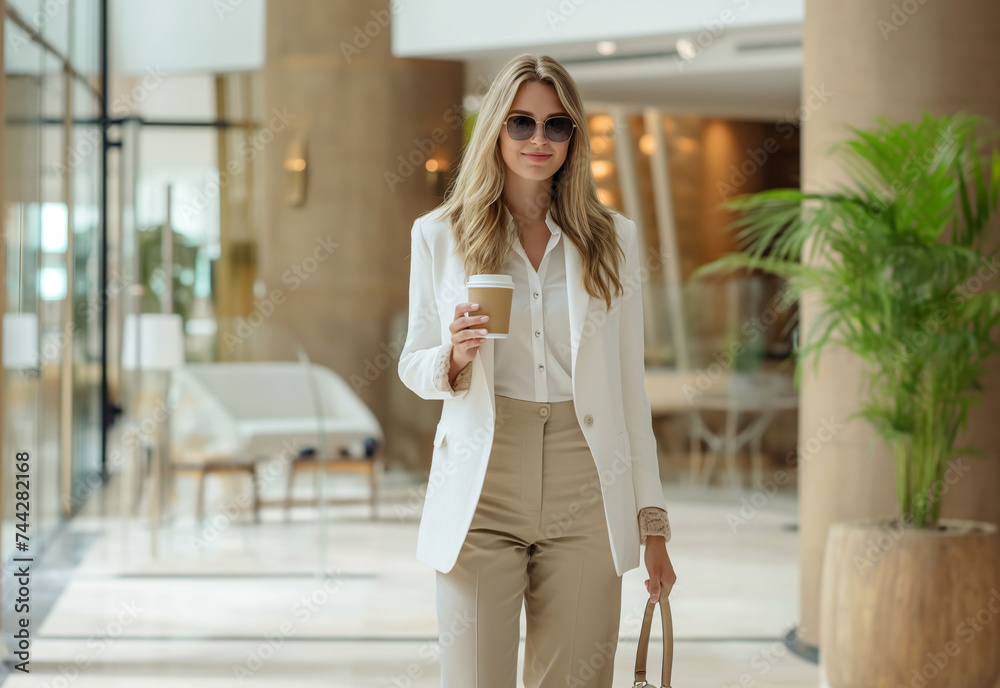 Chic Businesswoman with Coffee in Modern Office Lobby Chic Businesswoman with Coffee in Modern Office Lobby