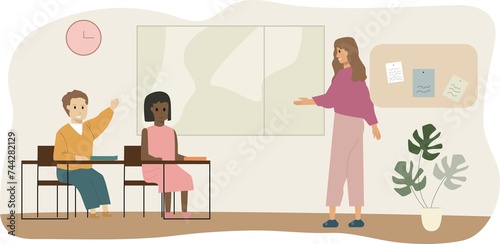 Girl and boy pupils sitting on desks at classroom during lesson flat illustration. Active male kid raising hand answering to teacher question. Smiling children at elementary school..