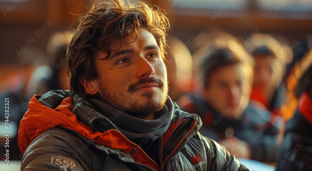 A contemplative man stands still, eyes closed and face upturned, clad