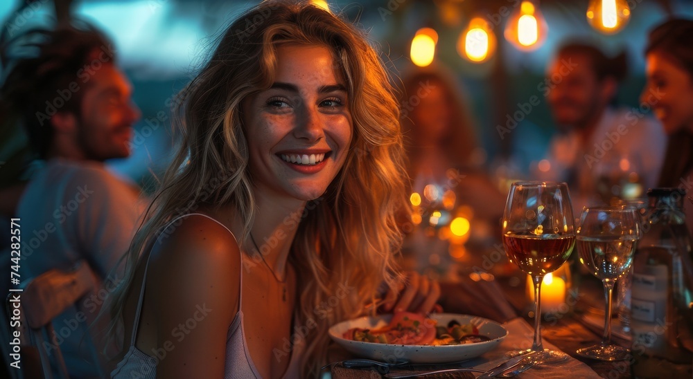 A cheerful woman dressed in elegant clothing enjoys a dinner party, surrounded by flickering candles and a table set with wine glasses and delicious food