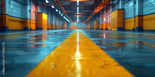 A vibrant yellow line divides the serene blue waters of an indoor swimming pool, casting a reflective glow on the sleek warehouse floor
