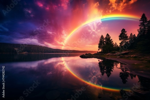 Rainbow nature near tree. Bright sun. Generate Ai