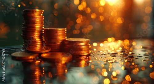 Glittering gold coins stacked precariously on a metal table, catching the light and reflecting a sense of wealth and possibility, held together by a single screw photo