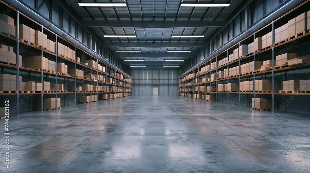 Interior of Distribution Hub: Retail Warehouse and Industrial Storage Facility. Featuring Box Packages on Shelves, Empty Spaces, and Concrete Flooring