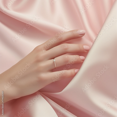 Elegant Hand with Diamond Ring on Satin Fabric
