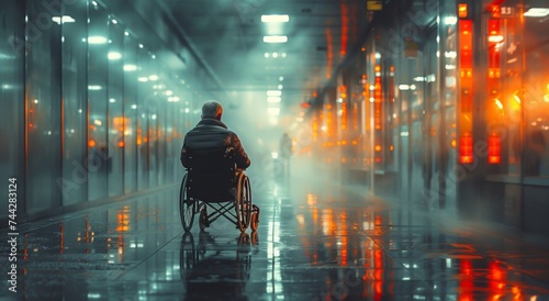 A solitary figure navigates the empty city streets at night, the glow of streetlights reflecting off his wheelchair as he moves through the quiet, outdoor hallway