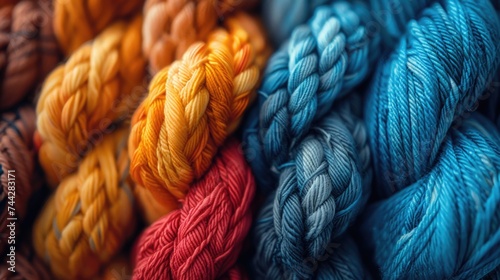 A vividly colored selection of threaded yarns, showcasing a variety of textures.