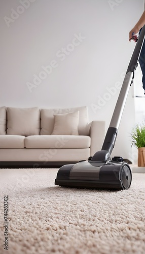 Brown carpet with vacuum cleaner in living room. Creative Banner. Copyspace image