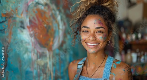 A joyful woman adorned in colorful clothing and a necklace, her face a canvas of vibrant paint, poses confidently against a wall adorned with striking portraits, showcasing the fusion of art and fash photo