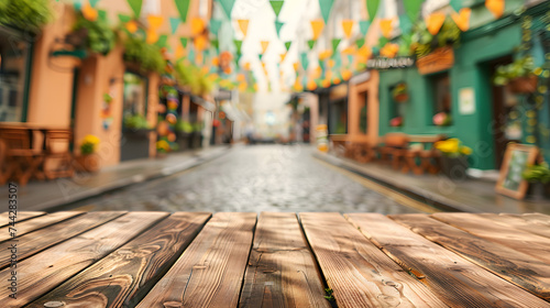 Wooden empty tabletop on blurred city street background with green holiday garlands and St. Patrick's Day flags