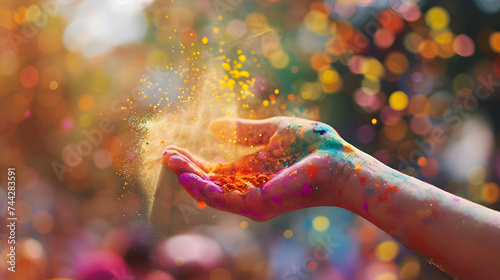 A close-up of a person's hand throwing colored powder into the air during Holi celebrations. The hand covered in colored powder, The colored powder bright and vibrant. © Nawarit
