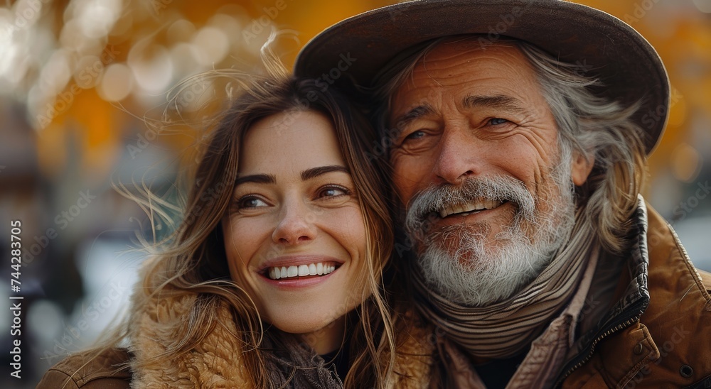 A stylish man and woman radiate joy as they showcase their unique fashion sense on a bustling city street, their beaming smiles and well-groomed facial hair adding to their charismatic charm