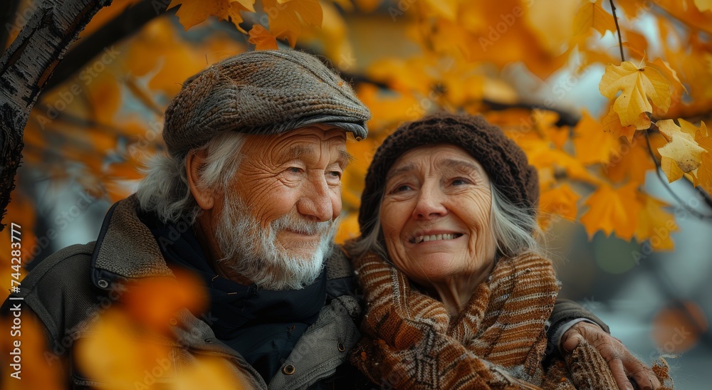 Amidst the vibrant autumn foliage, a man and woman share a joyful moment, their faces beaming with the warmth of the season and the love in their hearts Amidst the vibrant autumn foliage, a man and woman share a joyful moment, their faces beaming with the warmth of the season and the love in their hearts