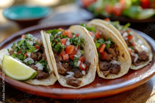 Tacos with beef and tomatoes on ceramic plate