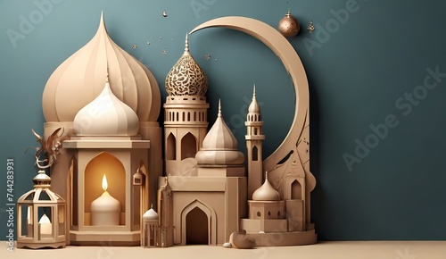 Generative AI eid mubarak background with elegant mosque. generative ai magnificent mosque with high domes and minarets mosque islamic background vector illustration, not text or writing. 3D render
 
