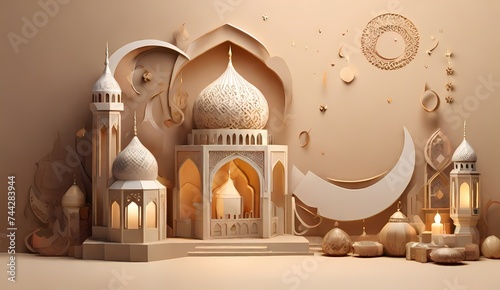 Generative AI mosque islamic greeting card background vector illustration, not text or writing. 3D rendering illustration. mosque islamic greeting card background vector illustration, not text or wri 