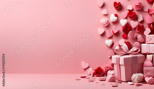 Generative AI Valentines day background banner on pink with pink hearts, pink hearts background Romantic Valentine's Day Composition with Red Heart, Gift, and Pendant on Pink Background, Generative A 