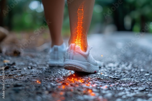 A person's footwear scorched by the outdoor flame, their leg aching from the intense heat on the ankle as they stand on the burning ground photo