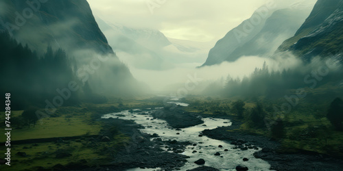 Misty Morning in the Nordic Valley: Serene Nature, Majestic Mountains, and Tranquil Waters Dance in the Fog