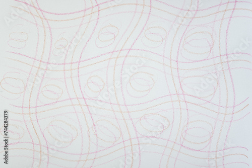 wavy and circular color pencil marks  with patterned lines  on tracing paper