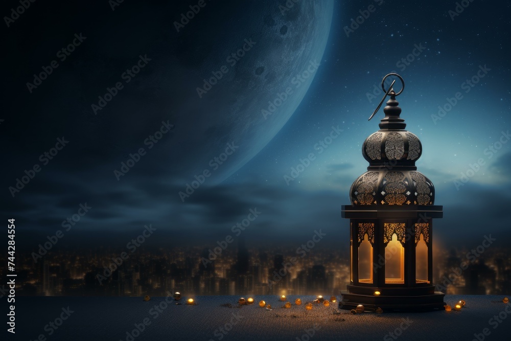 Fototapeta premium Ramadan day mockup background. Card light. Generate Ai