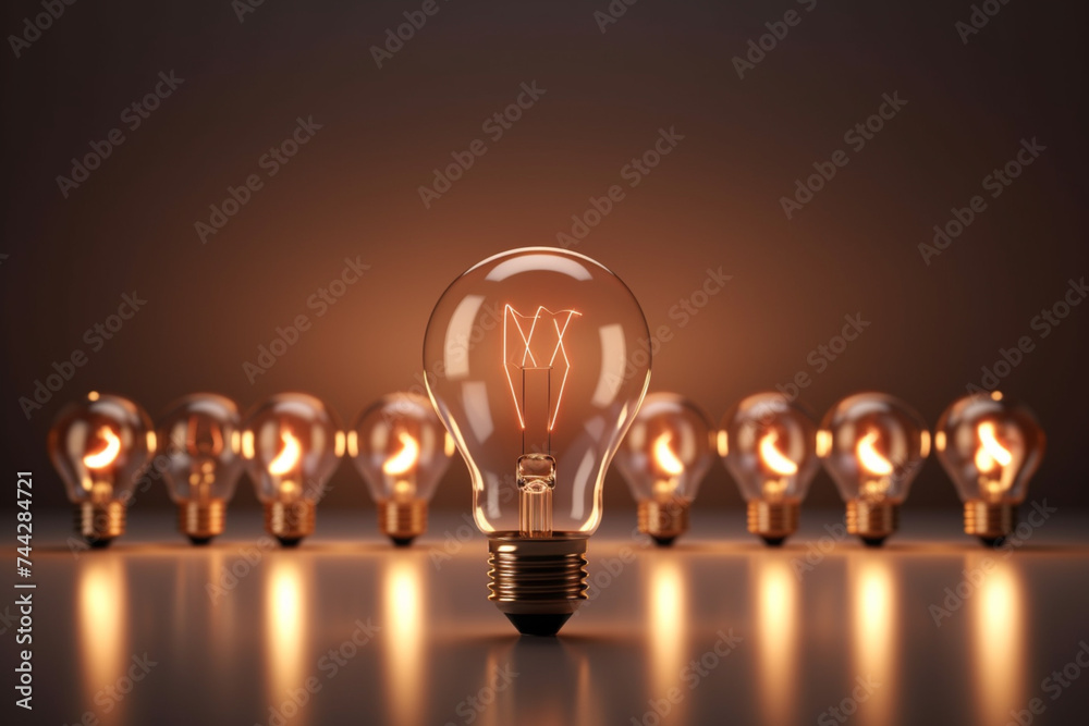 A row of glowing light bulbs on a dark background. idea concept with light bulbs