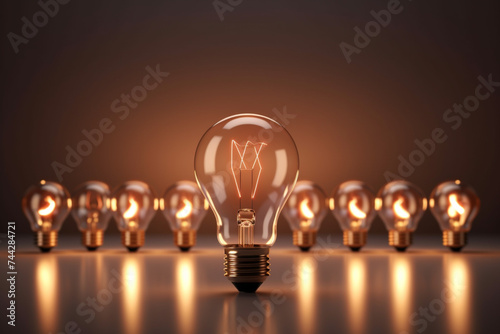 A row of glowing light bulbs on a dark background. idea concept with light bulbs