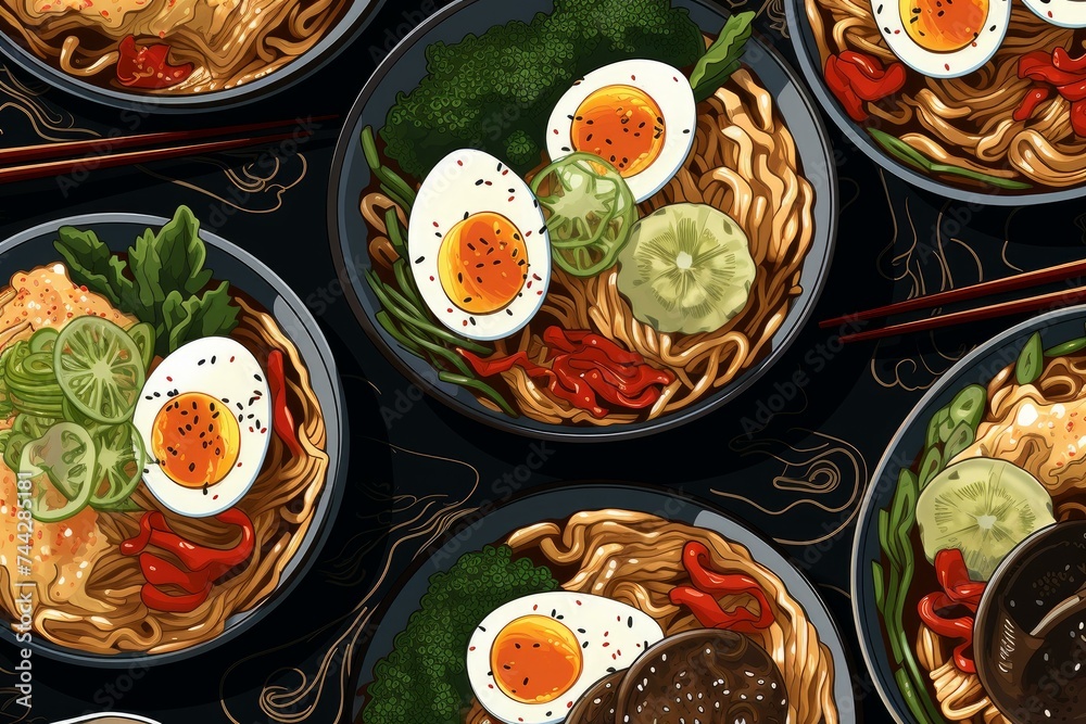 Ramen food pattern. Asian fresh food bowl top view. Generate Ai Ramen food pattern. Asian fresh food bowl top view. Generate Ai